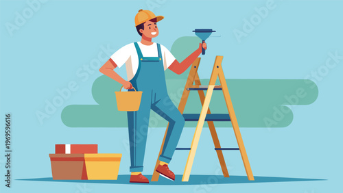 Worker smiles while holding a paintbrush and standing on a ladder during a home improvement project in a bright setting
