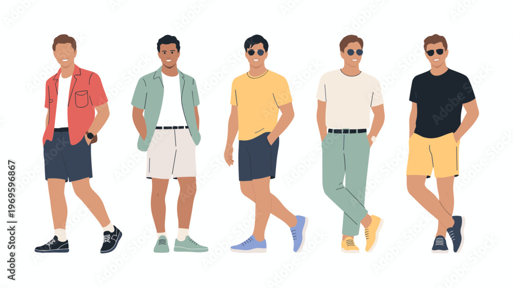 Fototapeta premium Urban Summer Fashion Men Flat Illustration Set Trendy Young Male Characters