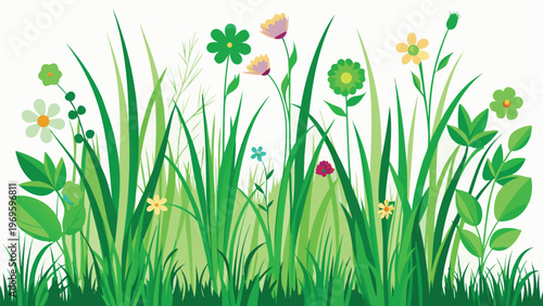 Bright green grass and colorful flowers fill the space in a garden during daytime in a natural setting