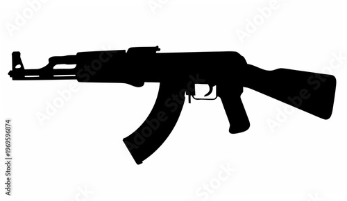 Bold black silhouette vector graphic of a military assault rifle with a curved magazine representing conflict defense and security concepts isolated on a clean white background