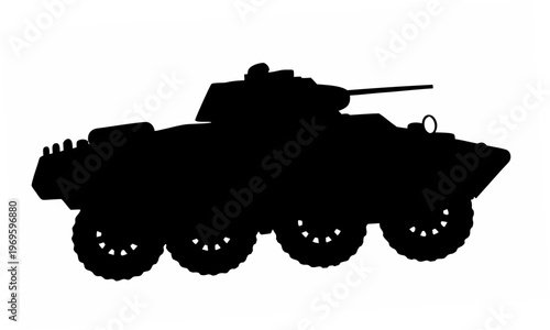 Armored personnel carrier silhouette a versatile military wheeled vehicle with a turret and gun representing tactical transport defense and combat readiness in a stark graphic