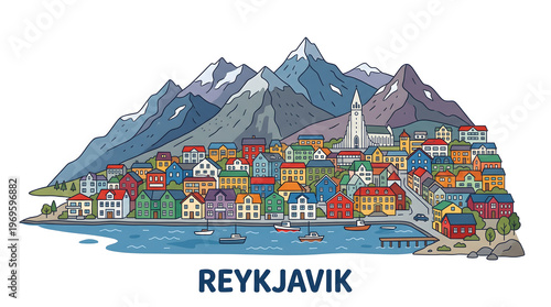 Wallpaper Mural Vibrant Reykjavik Cityscape Illustration with Mountains, Harbor, and Iconic Architecture Torontodigital.ca