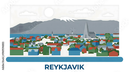 Wallpaper Mural Stylized Reykjavik Cityscape Illustration with Mountains, Water, and Iconic Architecture in Flat Design Torontodigital.ca