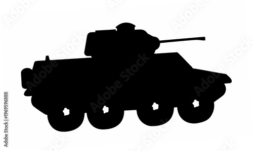 Armored military vehicle silhouette a wheeled combat transport with a turret and gun representing defense security and strategic power on a stark white background ideal for war