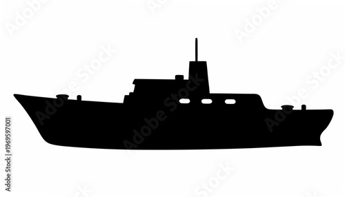 Powerful modern warship silhouette sailing on a calm sea representing naval power military strength and maritime defense with a clean minimalist aesthetic against a white