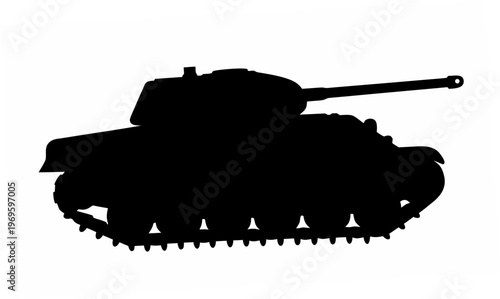 Monochromatic silhouette side view of a rugged military tank vehicle with tracks and turret isolated on a clean white background representing warfare and defense concepts