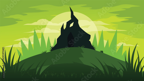 Mystical stone formation stands on a grassy hill under a green sky during daytime
