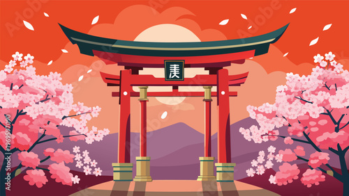 Cherry blossoms surround a red torii gate at sunset with mountains in the background and falling petals in spring