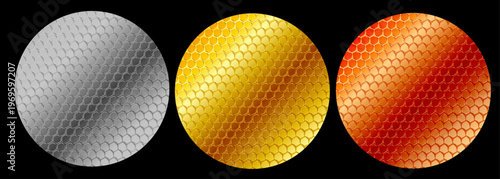 シルバー・ゴールド・オレンジの蜂の巣ハニカム構造が光沢を放つ高級感ある六角形パターンバリエーションセット