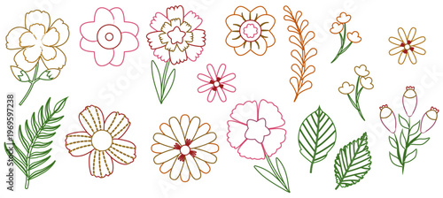 手描き風の花と葉っぱを組み合わせたナチュラルで可愛いボタニカル装飾イラストセット・シンプル線画素材集
