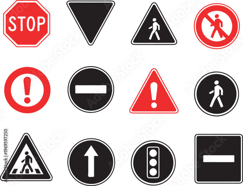 Collection of twelve common traffic and warning signs in red black white colors on gray background