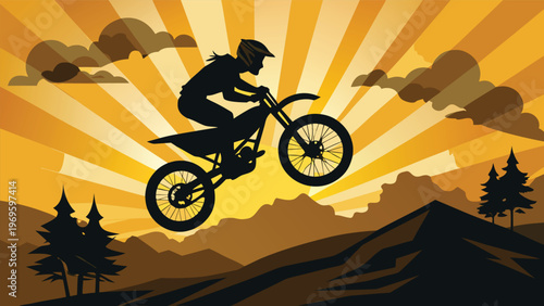 Biker jumps over hills during sunset while riding a mountain bike on a trail in an outdoor setting