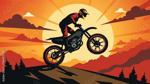 Rider performs a stunt on a motorcycle during sunset in a mountain landscape with clouds