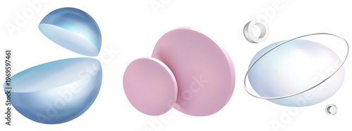 パステルカラーの立体円形オブジェクトが浮かぶミニマルな3D抽象背景、柔らかな質感と近未来的なデザインコンポジション