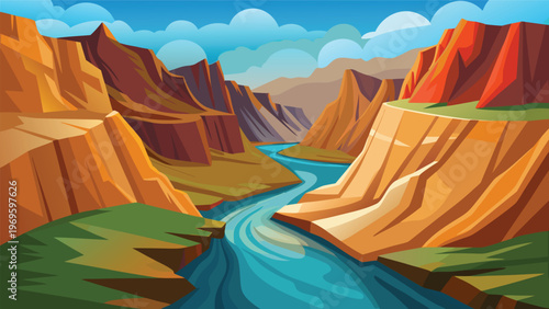 River flows through canyon with tall rock formations and clear sky above during daytime in a natural landscape scene