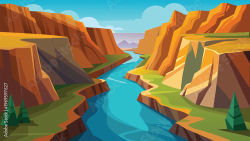 River flows through rocky canyon under blue sky with clouds in digital art style showcasing nature's beauty