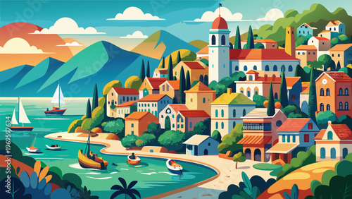 Coastal village by the water with boats and mountains under a colorful sky during daytime