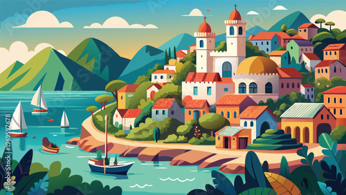 Colorful seaside town with boats and hills in the background during daytime