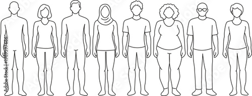 Line art illustration depicting diverse body types and human figures