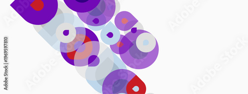 Abstract composition featuring overlapping purple circles, varying sizes, white background. Minimalist design, modern aesthetic, vibrant hues.