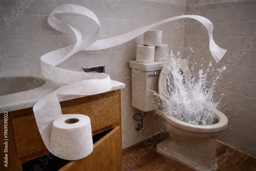 Chaotic bathroom with swirling toilet paper