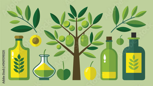 Illustration of an olive tree and various olive oil bottles with olives on a light green background