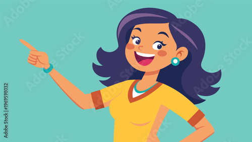 Woman with long hair points and smiles in bright colored background during daytime