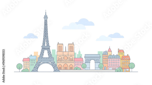 Wallpaper Mural Paris Skyline Vector Illustration with Famous Landmarks - Eiffel Tower, Cathedral & Arc de Triomphe Torontodigital.ca