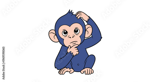 Funny cartoon monkey sitting on the ground scratching its head while looking puzzled and thinking about a problem.