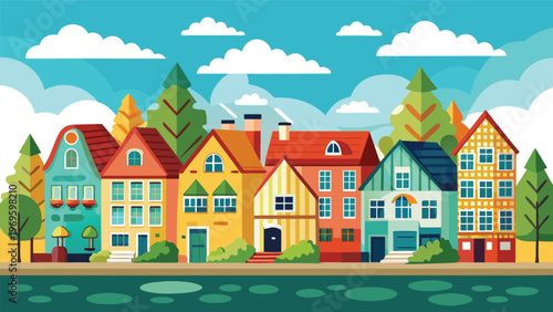 Colorful houses lined along a river with trees and clouds in a bright blue sky during daytime