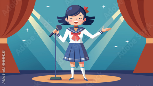 Girl sings on stage during a school talent show at a bright event in the afternoon