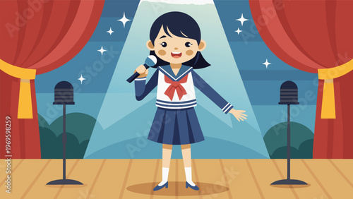 Young singer performs on stage during talent show at school in the afternoon with spotlight and audience in the background