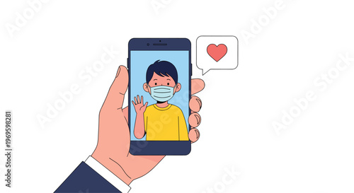 Close-up of a hand holding a smartphone showing a video call with a boy wearing a medical mask and waving his hand.