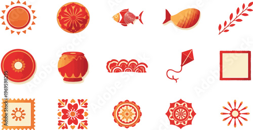 Colorful vector illustration set with traditional patterns and fun seamless vector design for decorating, Pohela Boishakh, Bengali New year festival