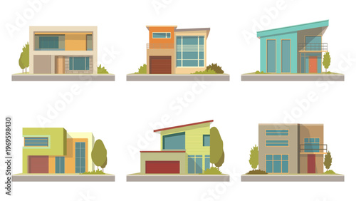 Set of modern houses. Simple suburban homes. 
Cottage and townhouse facades, modern homes, buildings. Flat architecture for urban cityscape. Vector illustration of real estate, property.