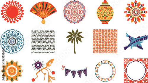 Colorful vector illustration set with traditional patterns and fun seamless vector design for decorating, Pohela Boishakh, Bengali New year festival