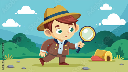 Child explorer in a nature setting looking for treasures with a magnifying glass in hand