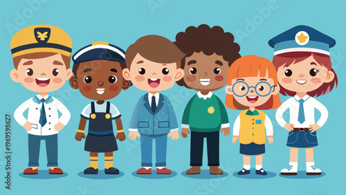 Children dressed in different careers standing together in colorful outfits on a blue background during a fun learning activity