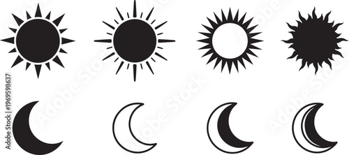 Sequential phases of sun and moon transformation in black and white silhouettes eclipse celestial