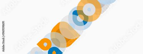 Abstract circles overlap creating dynamic composition. Orange, blue hues dominate white background. Modern design element.