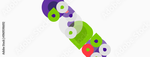 Abstract colorful shapes overlap, creating dynamic composition. Circles, ovals, varied hues dominate white background. Modern design.