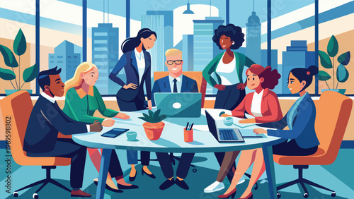 Group of people working together in an office during daytime with city view in the background