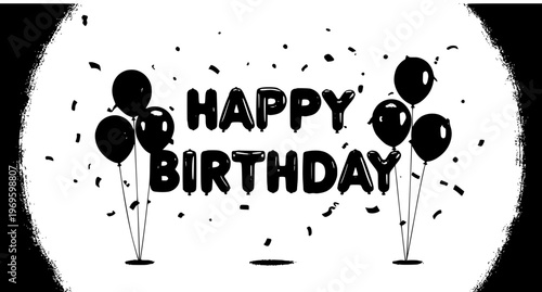 Elegant happy birthday greeting card with golden and silver 3D helium balloons and confetti on white background