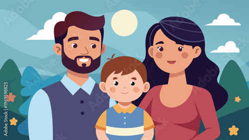 Family stands together in a park under a bright sun while the child smiles between parents