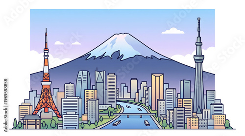 Wallpaper Mural Modern Japanese City Skyline with Iconic Towers, River, and Majestic Mountain in Clean Line Art Style Torontodigital.ca