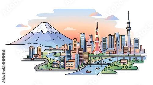 Wallpaper Mural Modern Tokyo Cityscape with Mount Fuji Illustration. Urban skyline, famous landmarks, river, and bridges in line art style. Torontodigital.ca