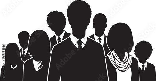 Silhouette group of business professionals in black and white standing side by side