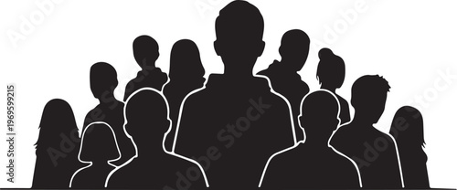 Silhouette group of diverse people standing together in solidarity against white background