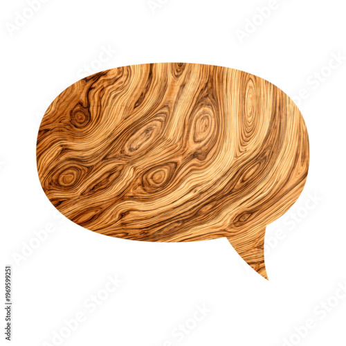 A wooden speech bubble on a black background