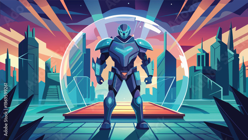 Robot stands in a futuristic city with glowing structures and a colorful sky during dusk